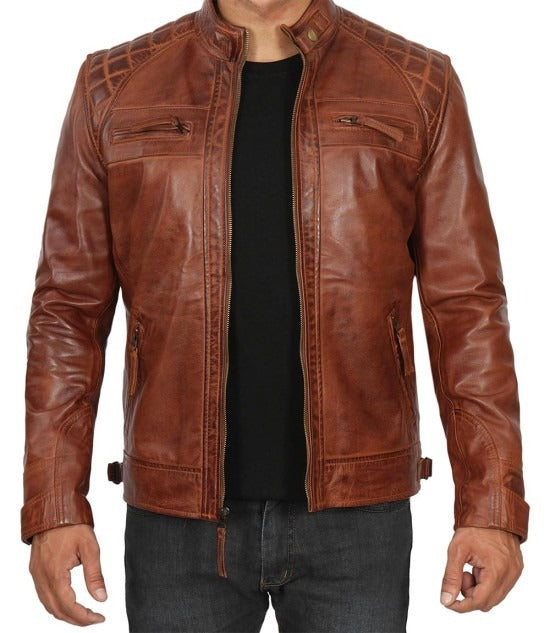 Men's Cognac Brown Café Racer Quilted Leather Jacket - Stylish Comfort