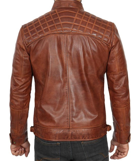 Men's Cognac Brown Café Racer Quilted Leather Jacket - Stylish Comfort