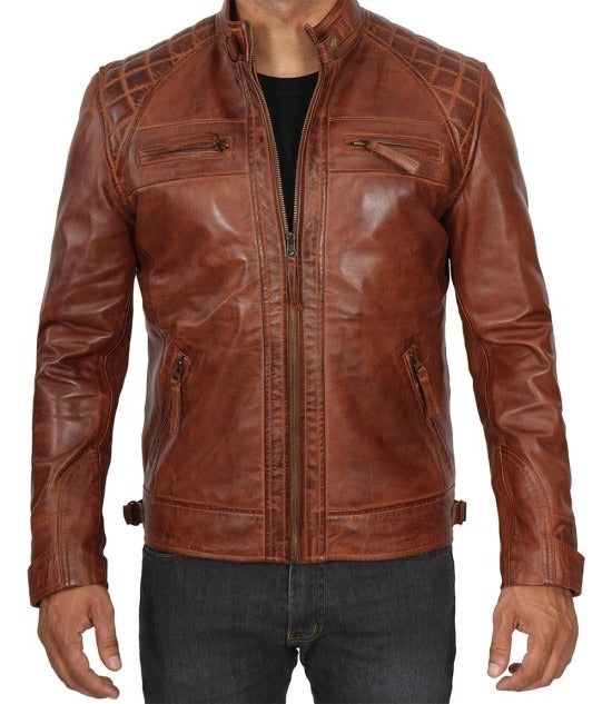 Men's Cognac Brown Café Racer Quilted Leather Jacket - Stylish Comfort