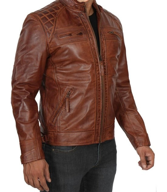 Men's Cognac Brown Café Racer Quilted Leather Jacket - Stylish Comfort