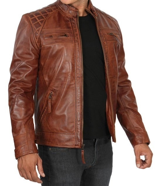 Men's Cognac Brown Café Racer Quilted Leather Jacket - Stylish Comfort