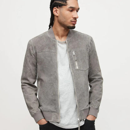 Men’s Grey Suede Classic Leather Bomber Jacket