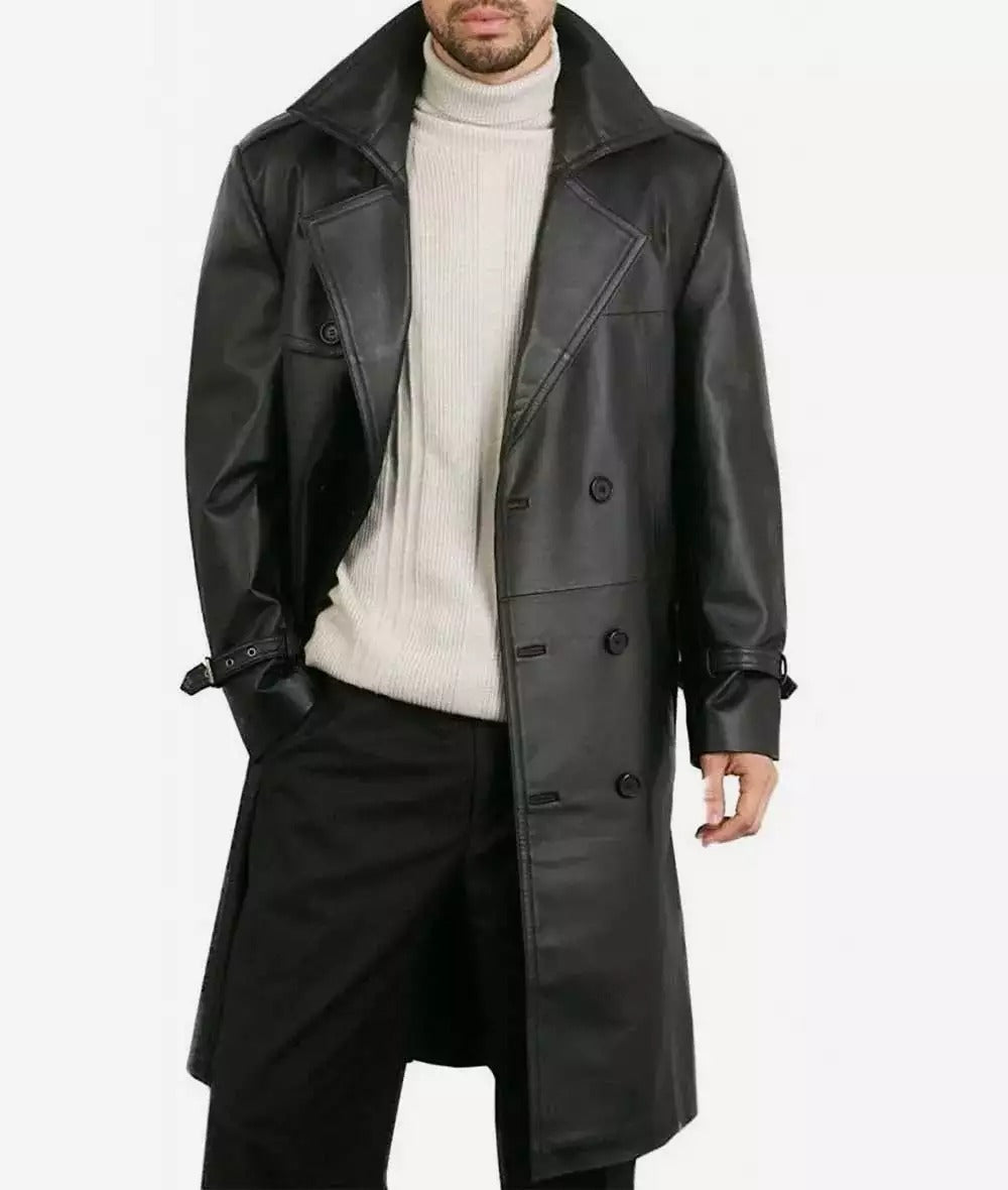 Men's Premium Double-Breasted Black Lambskin Leather Coat - Timeless Elegance