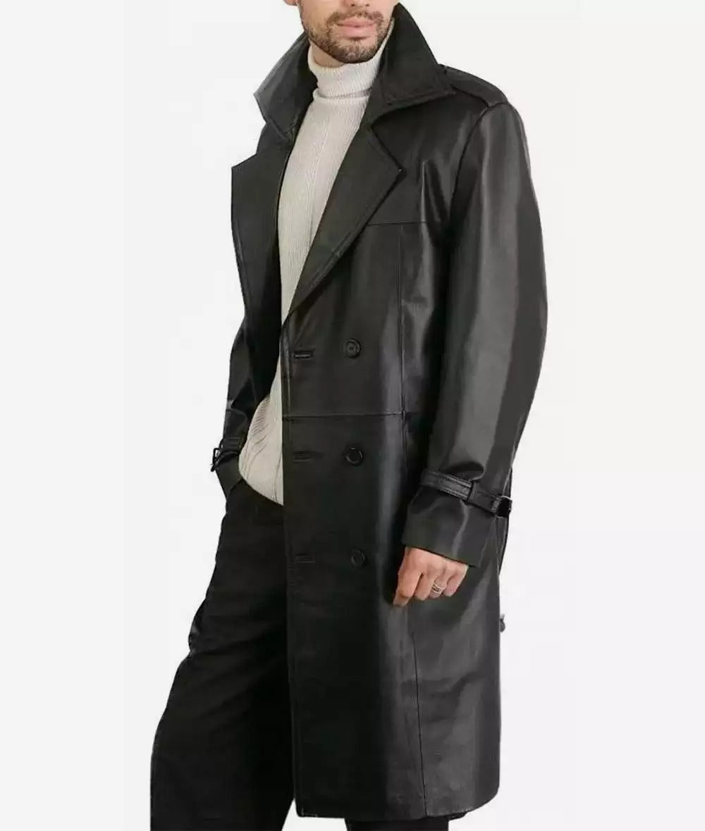 Men's Premium Double-Breasted Black Lambskin Leather Coat - Timeless Elegance