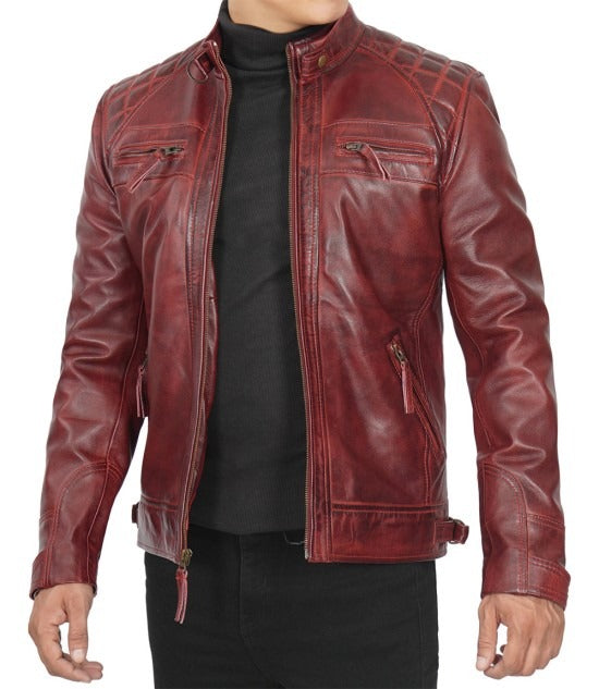 Men's Real Leather Maroon Quilted Biker Jacket - Stylish Comfort