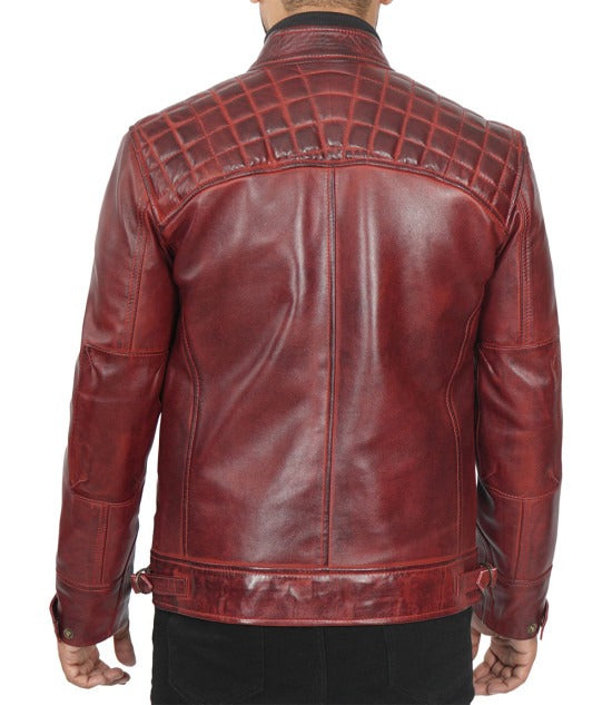 Men's Real Leather Maroon Quilted Biker Jacket - Stylish Comfort