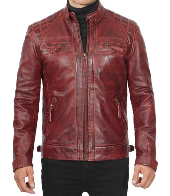 Men's Real Leather Maroon Quilted Biker Jacket - Stylish Comfort