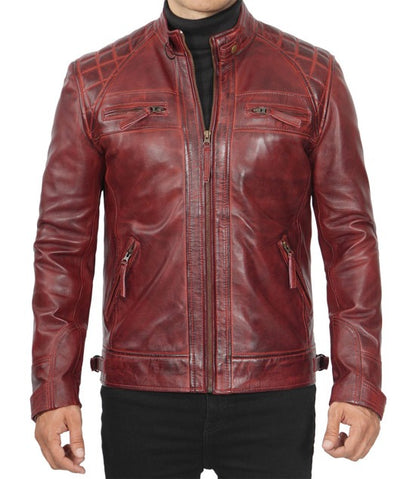 Men's Real Leather Maroon Quilted Biker Jacket - Stylish Comfort