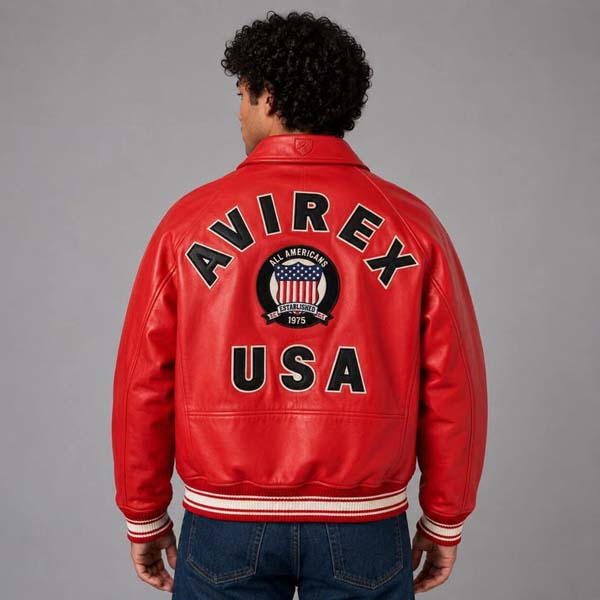 Mens Red Genuine Leather Bomber Jacket with Avirex USA Patch