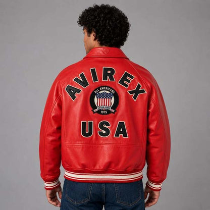 Mens Red Genuine Leather Bomber Jacket with Avirex USA Patch