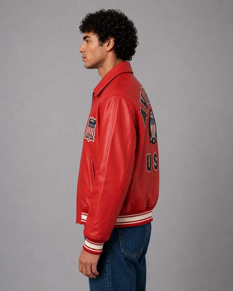 Mens Red Genuine Leather Bomber Jacket with Avirex USA Patch
