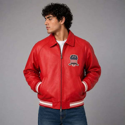 Mens Red Genuine Leather Bomber Jacket with Avirex USA Patch
