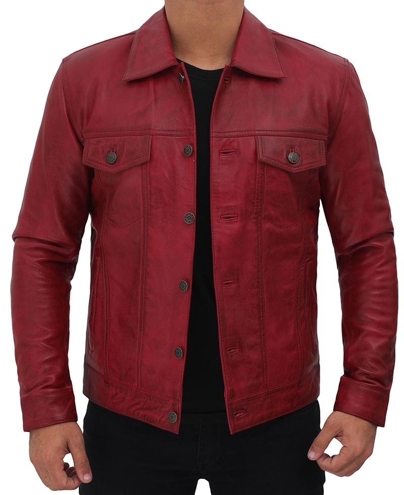 Men's Reddish Maroon Trucker Jacket - Vintage Style