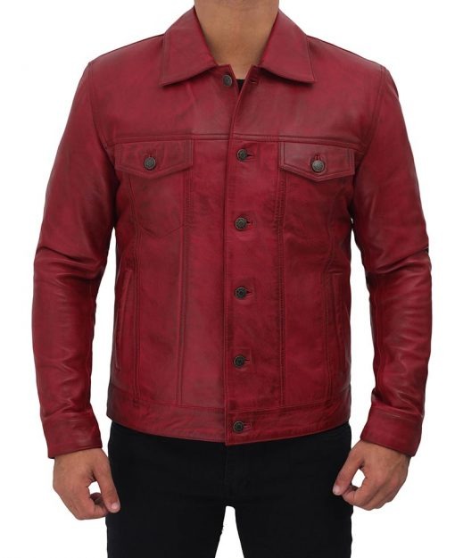 Men's Reddish Maroon Trucker Jacket - Vintage Style