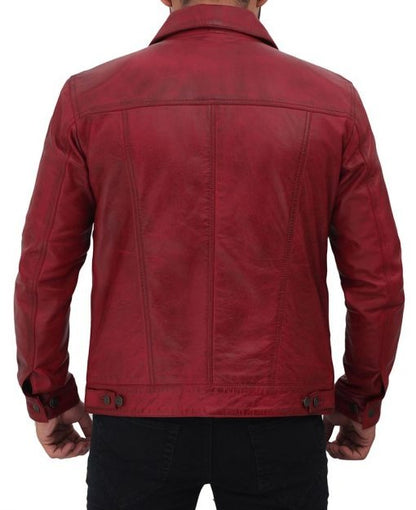 Men's Reddish Maroon Trucker Jacket - Vintage Style