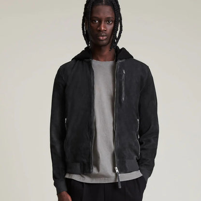 Men’s Hooded Suede Leather Bomber Jacket