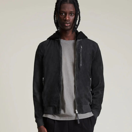 Men’s Hooded Suede Leather Bomber Jacket