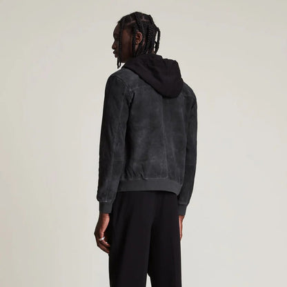 Men’s Hooded Suede Leather Bomber Jacket