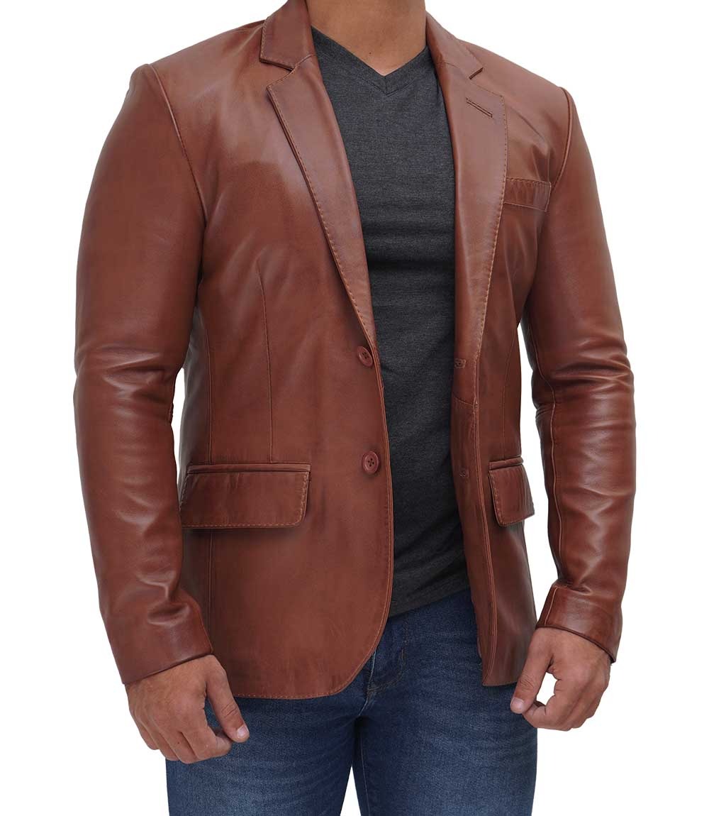 Men's Tan Two Button Leather Blazer - Timeless Elegance