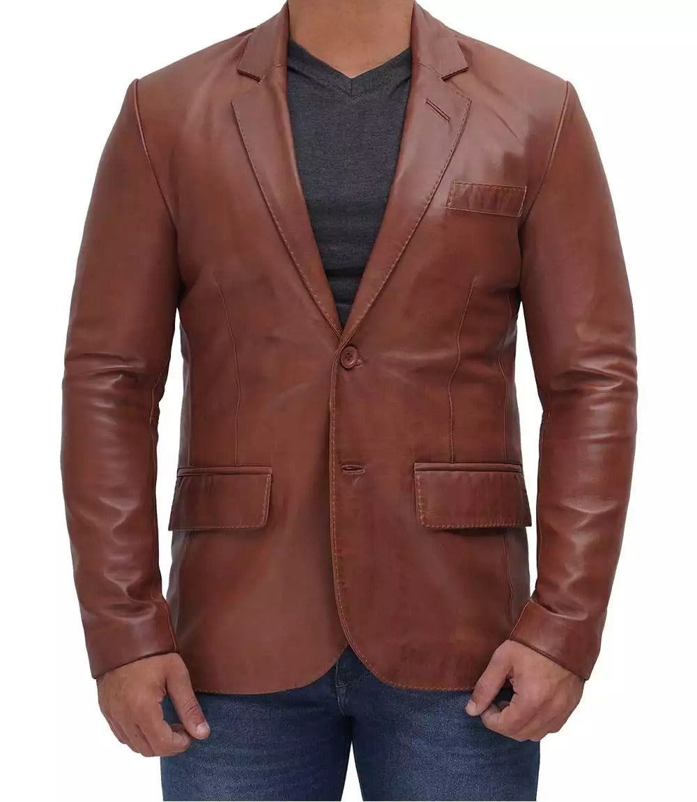 Men's Tan Two Button Leather Blazer - Timeless Elegance