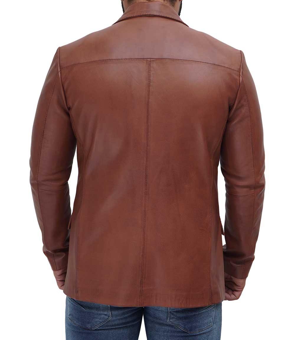 Men's Tan Two Button Leather Blazer - Timeless Elegance