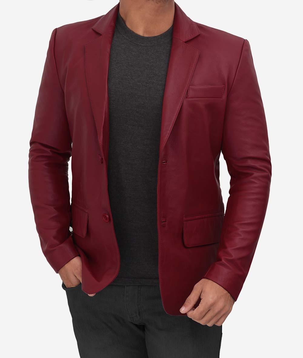 Men's Two Button Maroon Leather Blazer - Limited Edition Luxury