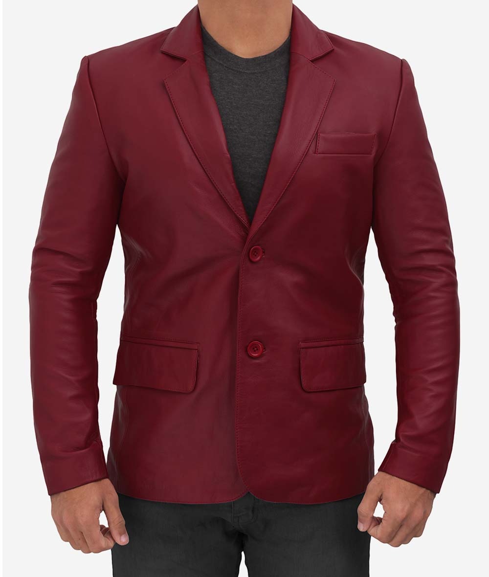 Men's Two Button Maroon Leather Blazer - Limited Edition Luxury