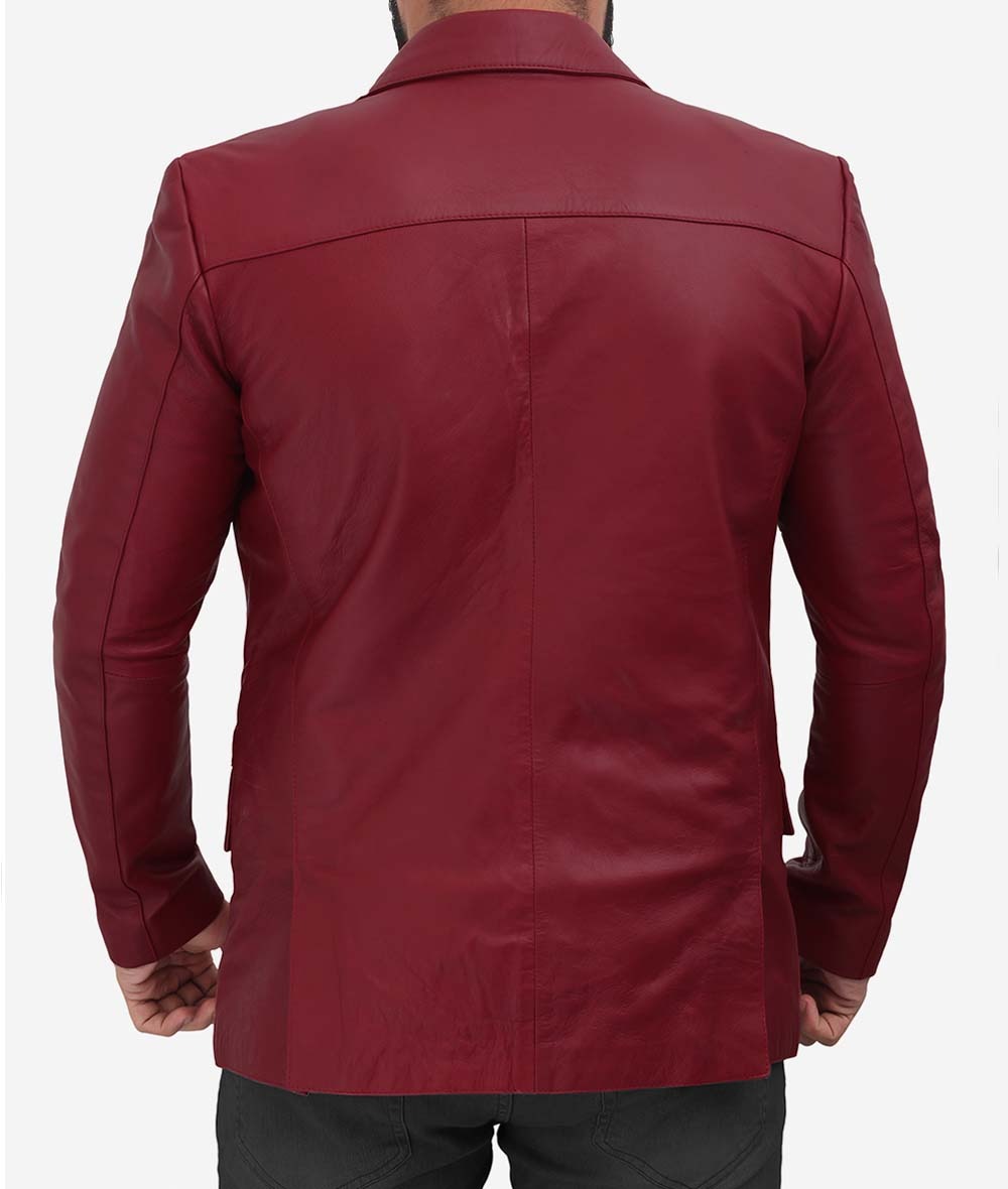 Men's Two Button Maroon Leather Blazer - Limited Edition Luxury