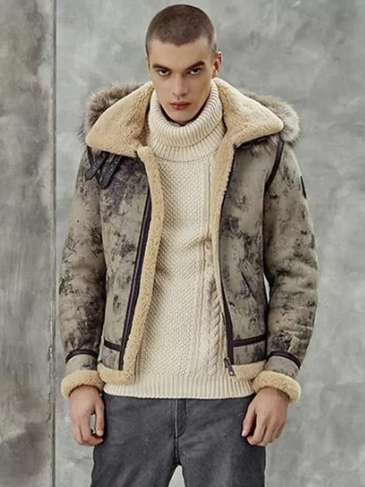 Men's Aviator B3 Flight Bomber Jacket with Removable Hood Front View - Premium Shearling 2023