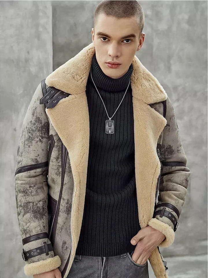 Men's B3 aviator shearling leather biker bomber jacket, front view