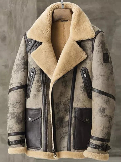 Men's B3 aviator shearling leather biker bomber jacket, front angle
