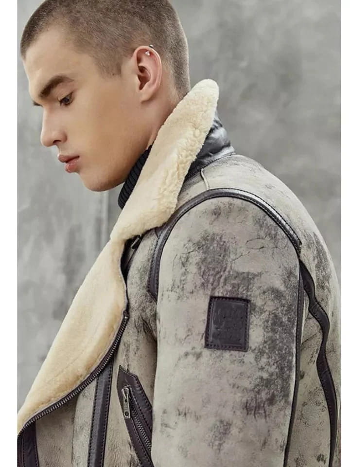Men's B3 aviator shearling leather biker bomber jacket, side view