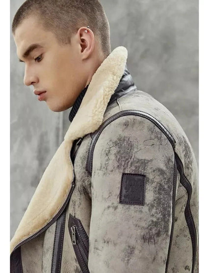 Men's B3 aviator shearling leather biker bomber jacket, side view