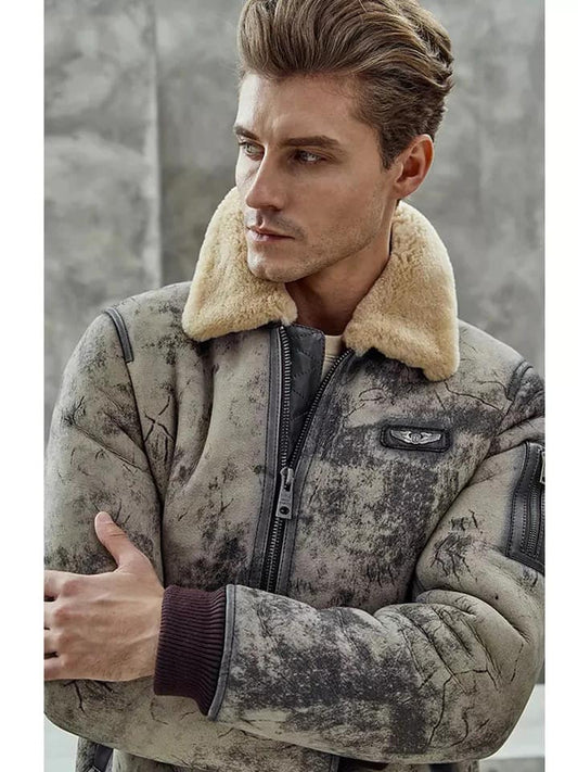 Men's B3 Flight Aviator Shearling Bomber Jacket Front View - Premium 2023