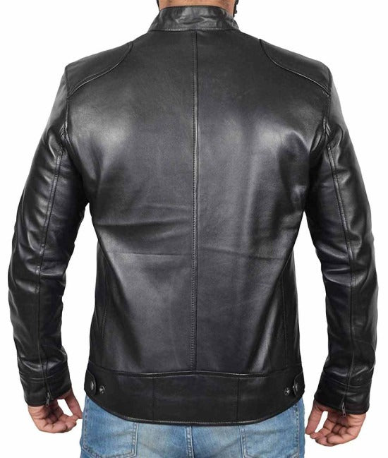 Men's Black Café Racer Biker Style Sheepskin Leather Jacket Back View - Timeless Elegance