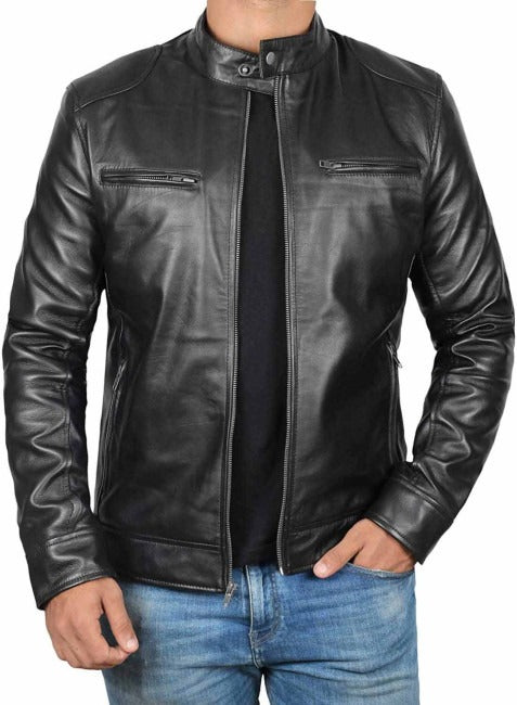 Men's Black Café Racer Biker Style Sheepskin Leather Jacket Front - Timeless Elegance