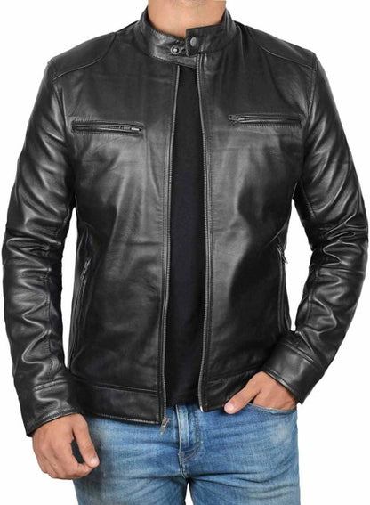 Men's Black Café Racer Biker Style Sheepskin Leather Jacket Front - Timeless Elegance
