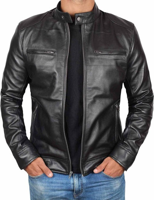 Men's Black Café Racer Biker Style Sheepskin Leather Jacket Front View - Timeless Elegance