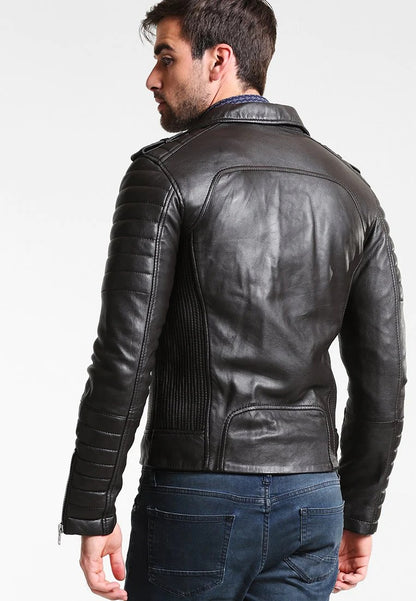 Men's Black Leather Biker Jacket Back View - Timeless Style