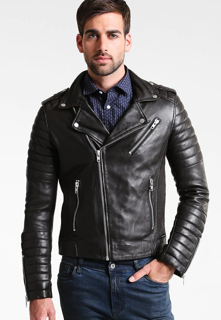Men's Black Leather Biker Jacket Front View - Timeless Style