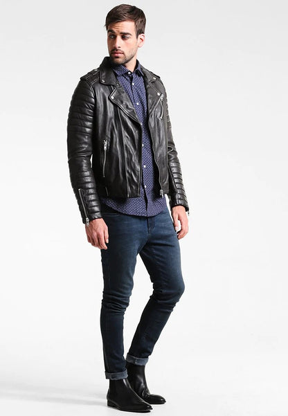 Men's Black Leather Biker Jacket Full Front View - Timeless Style