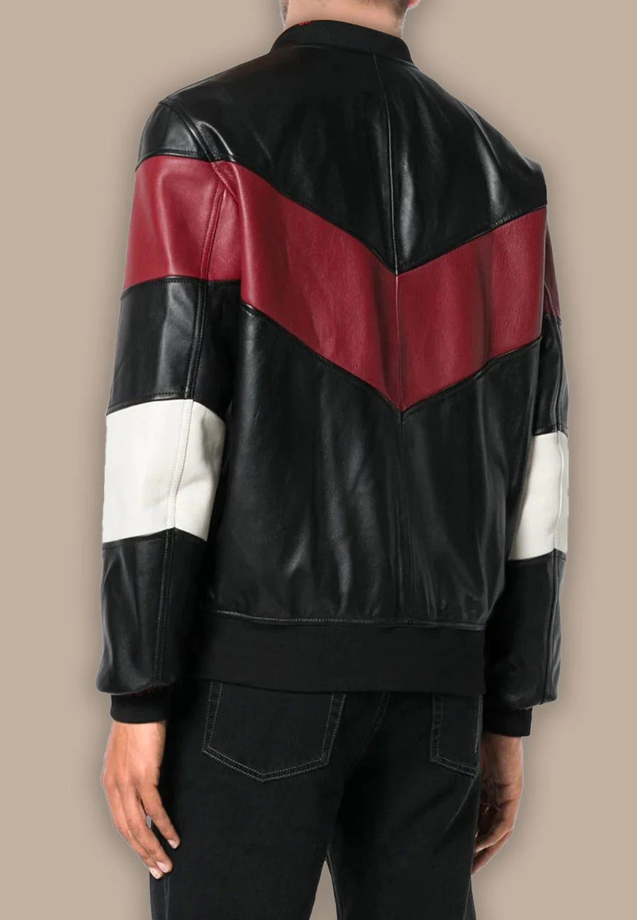 Men's Black Leather Bomber Jacket with Red and White Stripes Back View- Sporty Elegance