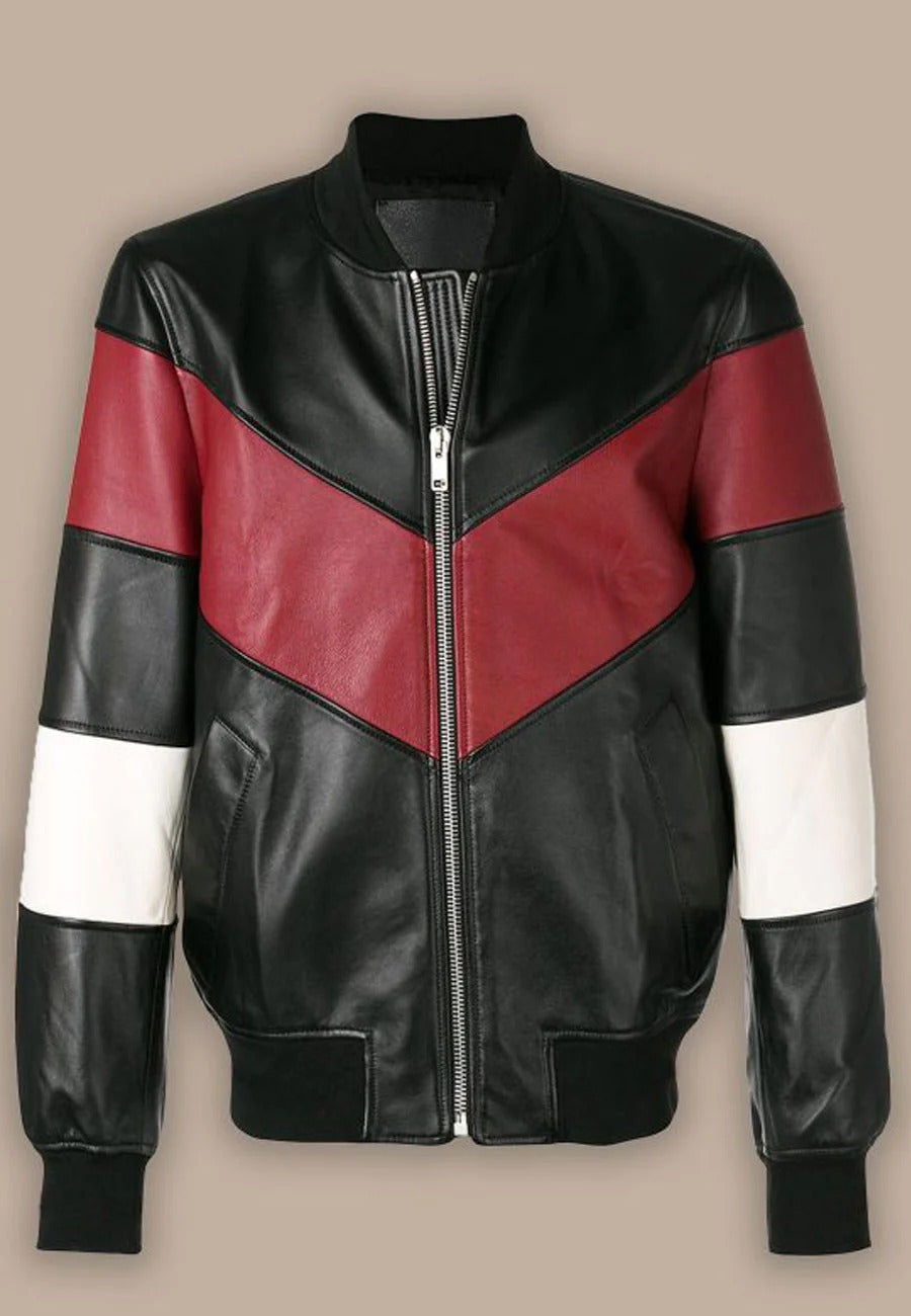 Men's Black Leather Bomber Jacket with Red and White Stripes Front - Sporty Elegance