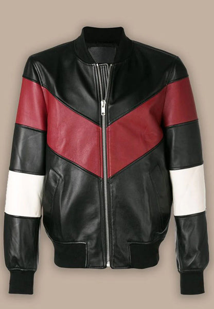 Men's Black Leather Bomber Jacket with Red and White Stripes Front - Sporty Elegance