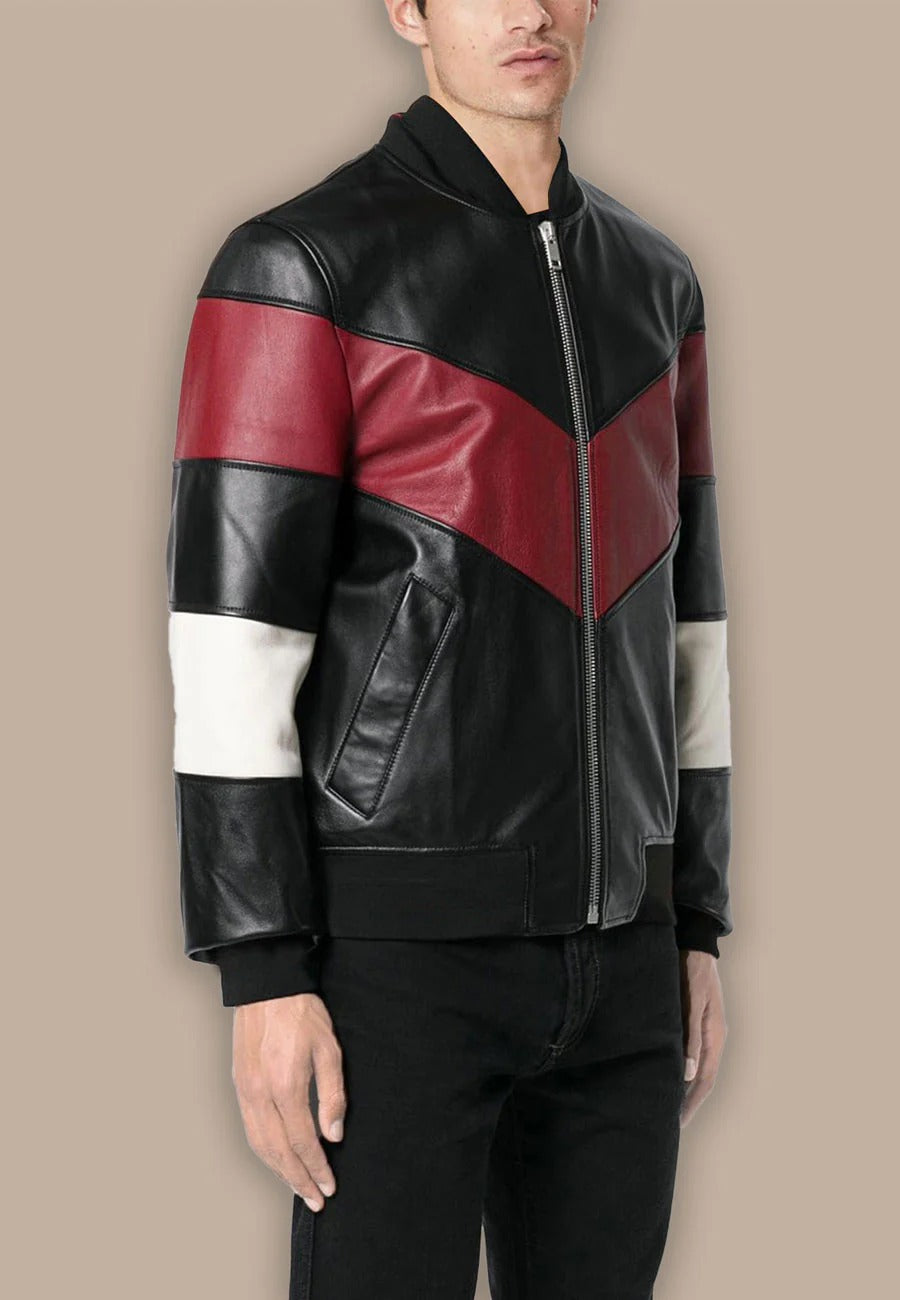 Men's Black Leather Bomber Jacket with Red and White Stripes Front View - Sporty Elegance