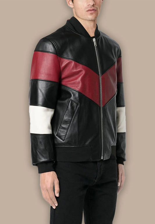 Men's Black Leather Bomber Jacket with Red and White Stripes Front View - Sporty Elegance