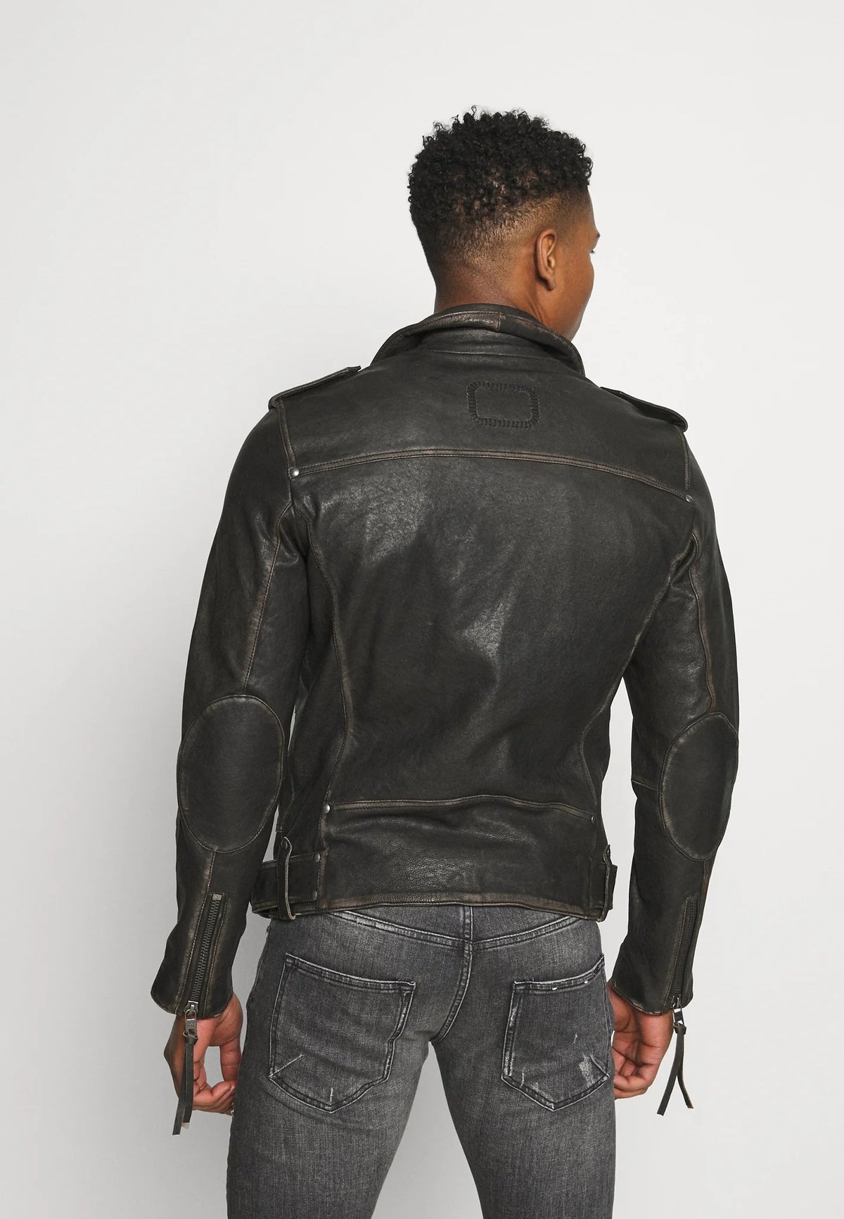 Men's Black Leather Distressed Biker Jacket Back View- Bold & Stylish