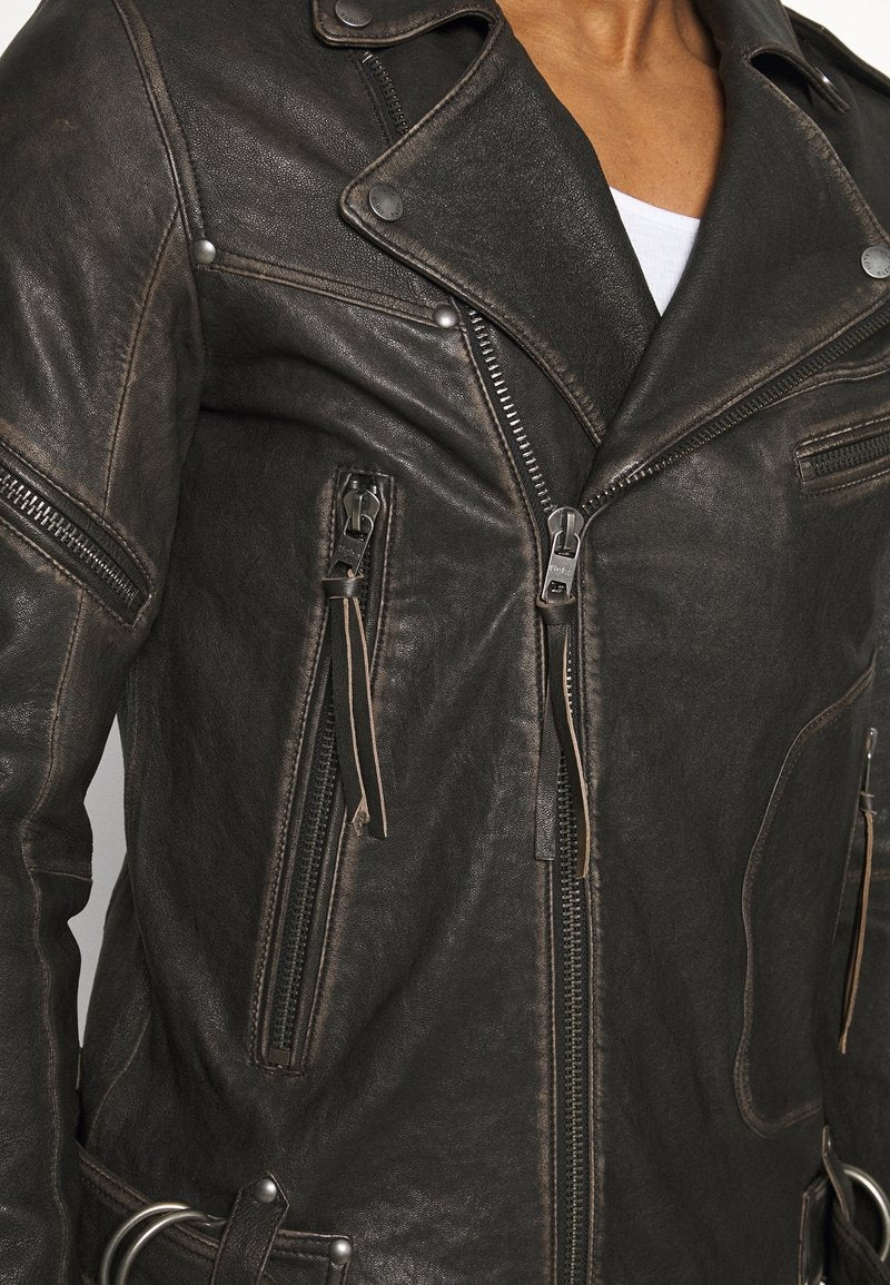 Men's Black Leather Distressed Biker Jacket Closeup View- Bold & Stylish