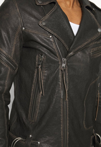 Men's Black Leather Distressed Biker Jacket Closeup View- Bold & Stylish