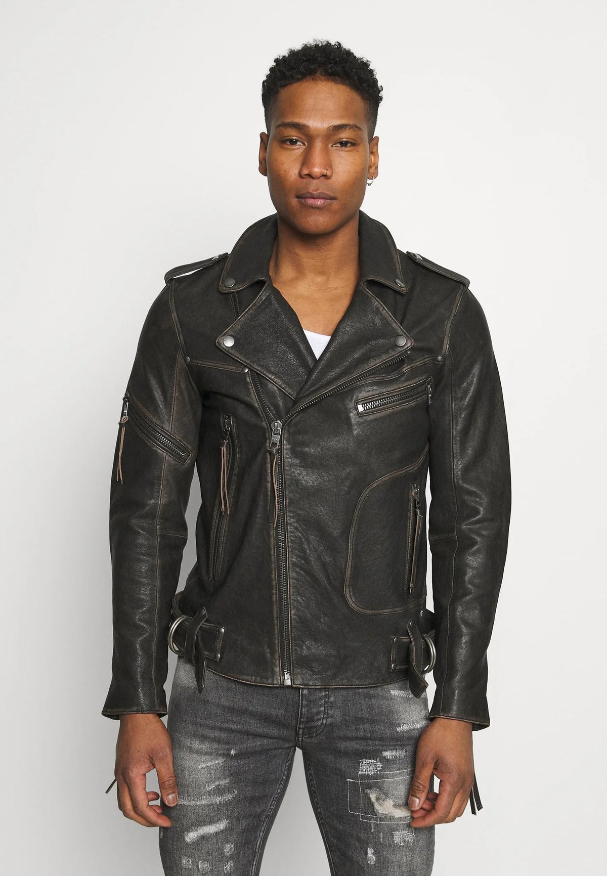 Men's Black Leather Distressed Biker Jacket Front View - Bold & Stylish